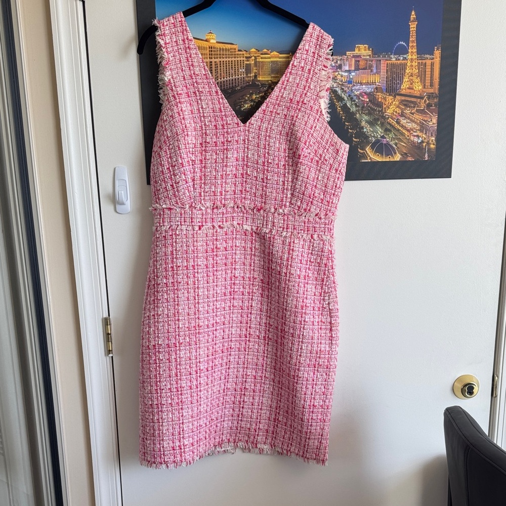 J. Crew Pink Red White Shimmer Tweed V-Neck Dress Size 4